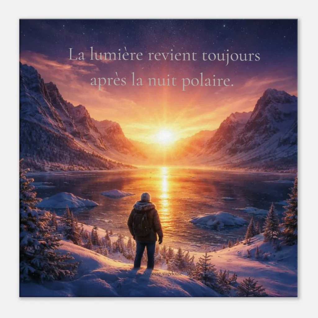 Toile murale inspirante représentant un paysage hivernal au lever du soleil avec la citation : La lumière revient toujours après la nuit polaire