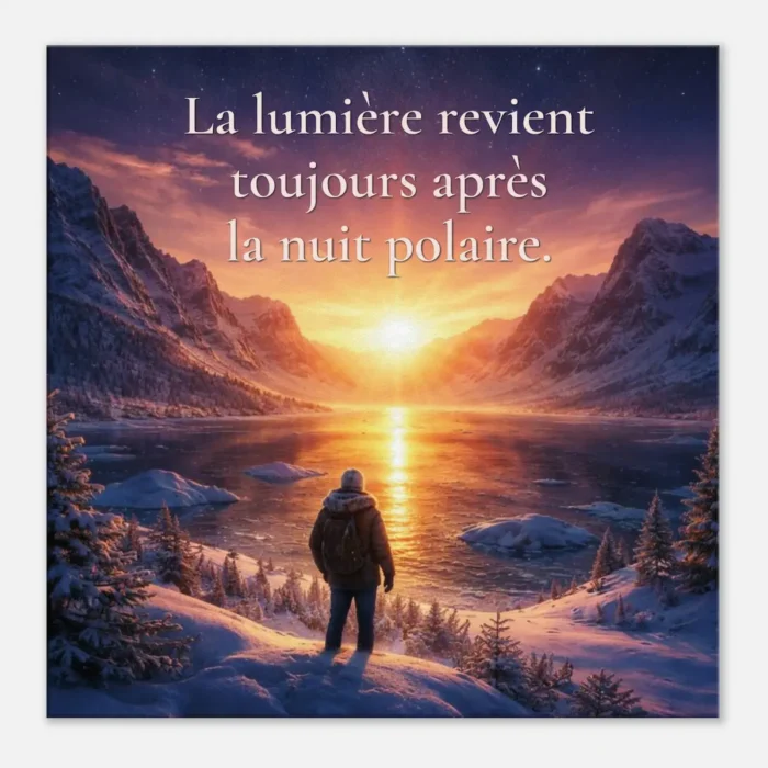 Toile murale La lumière revient toujours après la nuit polaire vue de face avec paysage polaire, montagnes enneigées et lumière dorée