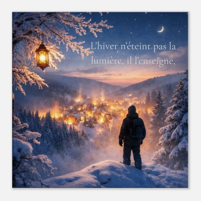 Toile murale carrée représentant un paysage d’hiver lumineux avec lanterne et village enneigé, citation poétique « L’hiver n’éteint pas la lumière, il l’enseigne