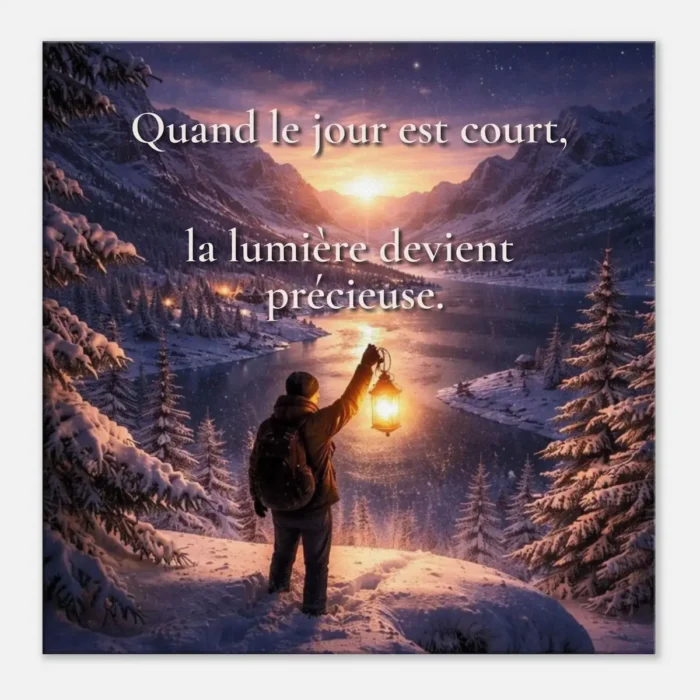 "Toile Quand le jour est court, la lumière devient précieuse vue de face avec paysage hivernal, neige, lac et lanterne lumineuse"