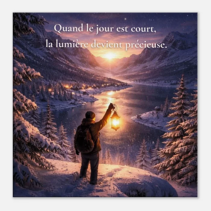Toile murale citation inspirante Quand le jour est court la lumière devient précieuse paysage hiver montagne lac au coucher du soleil