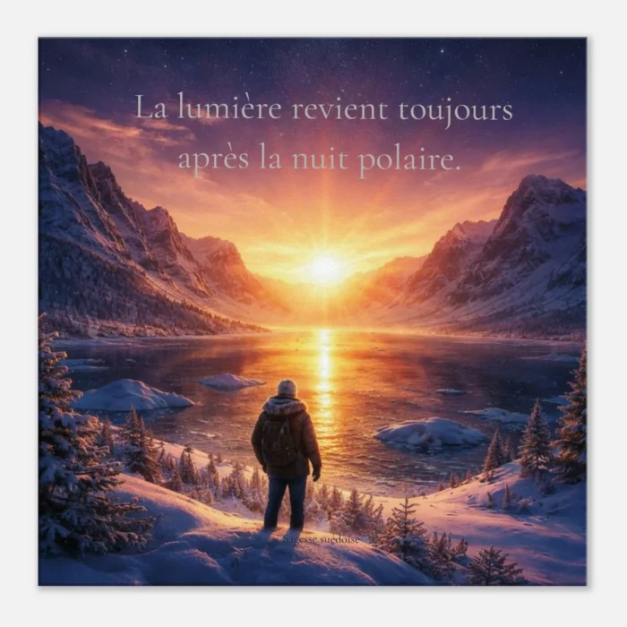 Toile murale inspirante représentant un paysage hivernal au lever du soleil avec la citation : La lumière revient toujours après la nuit polaire