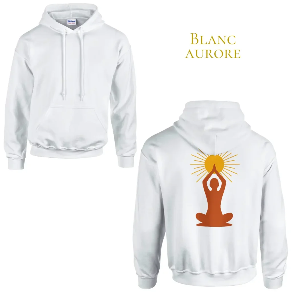 Hoodie Blanc Aurore Solaire Universel avec symbole méditation et soleil imprimé dans le dos, vue de face et de dos.