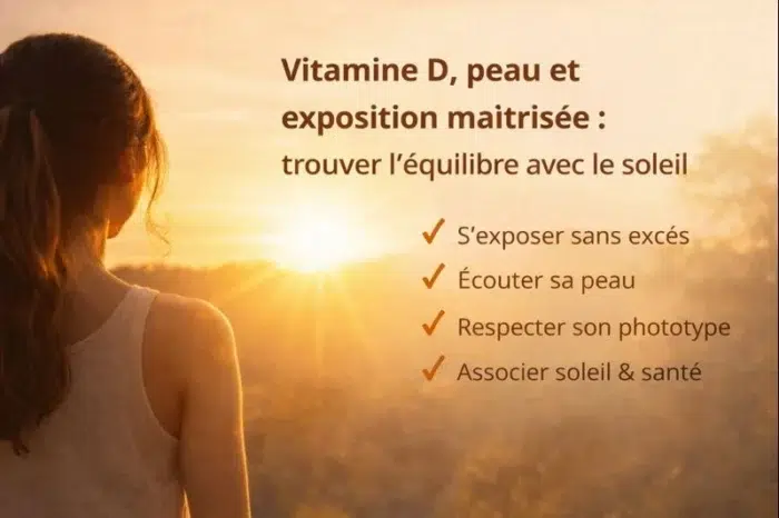 Personne exposée au soleil en fin de journée illustrant la vitamine D, la santé de la peau et une exposition solaire maîtrisée