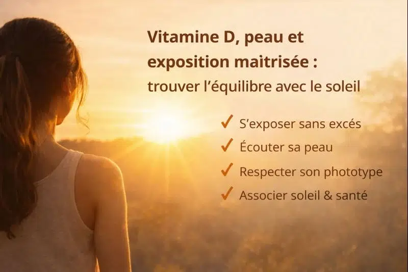 Personne exposée au soleil en fin de journée illustrant la vitamine D, la santé de la peau et une exposition solaire maîtrisée