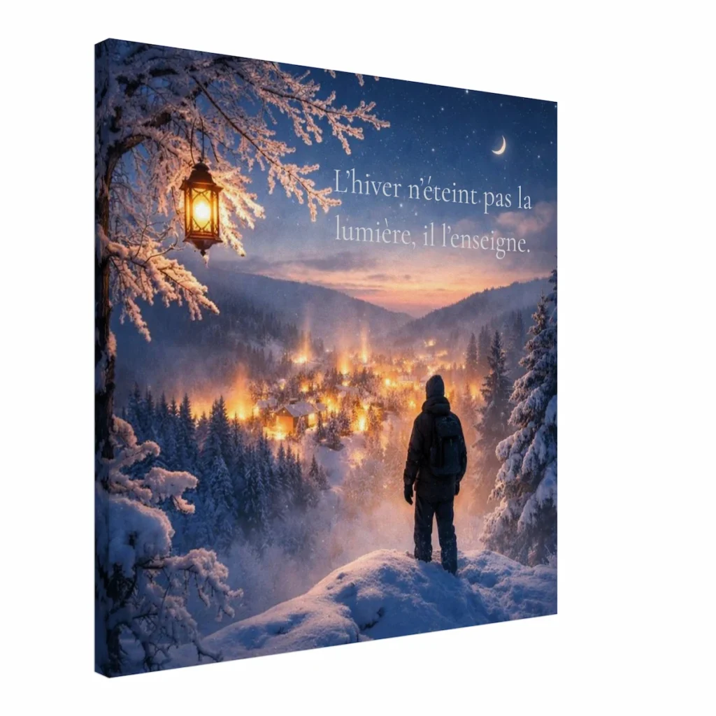 Toile murale hivernale avec lanterne lumineuse et village enneigé, citation inspirante « L’hiver n’éteint pas la lumière, il l’enseigne » – vue en perspective
