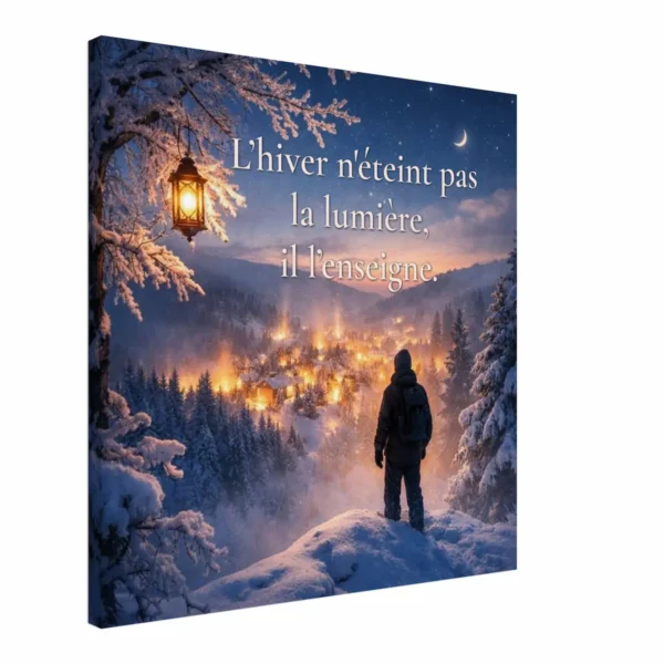 Toile murale L’hiver n’éteint pas la lumière, il l’enseigne vue en angle avec paysage enneigé, lanterne et village illuminé
