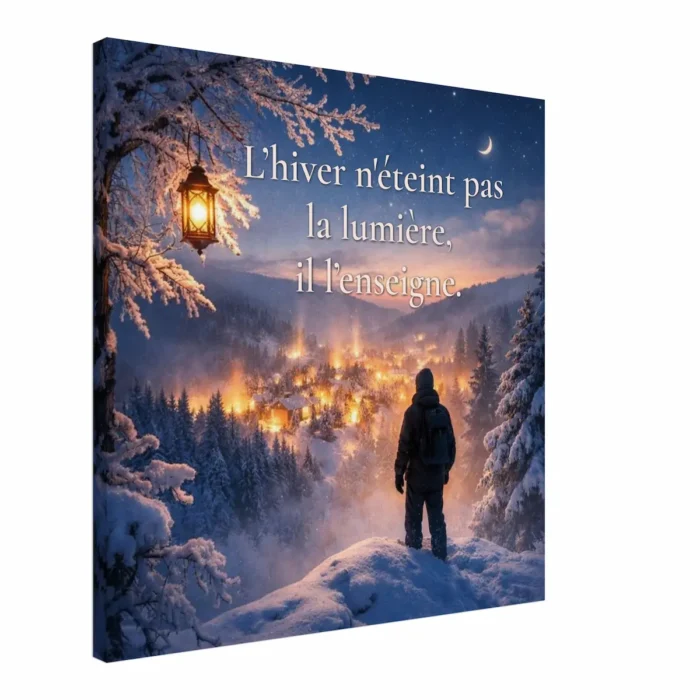 Toile murale L’hiver n’éteint pas la lumière, il l’enseigne vue en angle avec paysage enneigé, lanterne et village illuminé