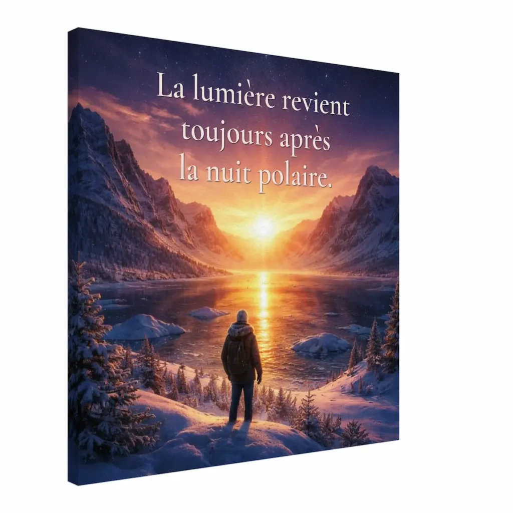 Toile murale La lumière revient toujours après la nuit polaire vue en angle avec paysage enneigé, lac gelé et lever de lumière
