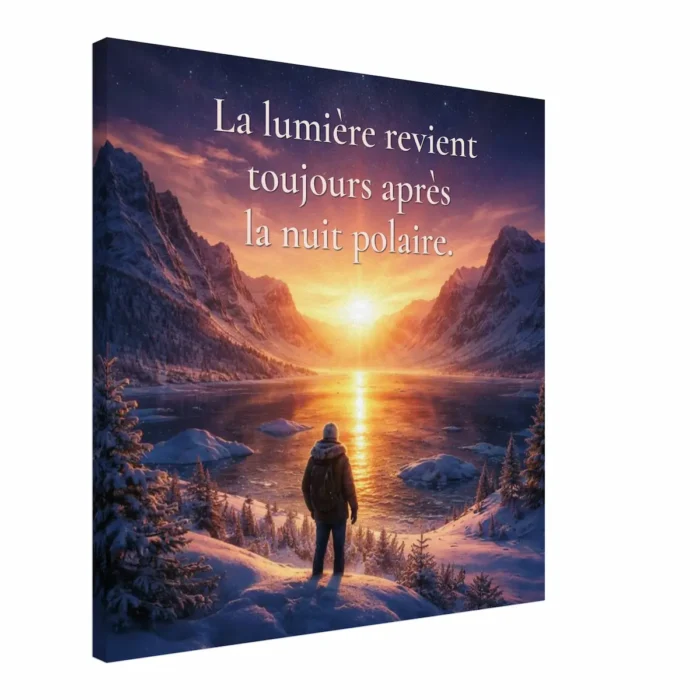 Toile murale La lumière revient toujours après la nuit polaire vue en angle avec paysage enneigé, lac gelé et lever de lumière