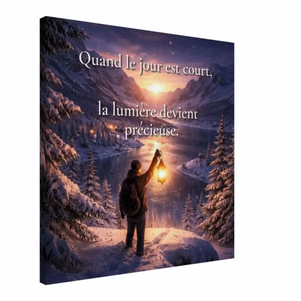 "Toile Quand le jour est court, la lumière devient précieuse vue en angle avec paysage enneigé, lanterne et lumière d’hiver"