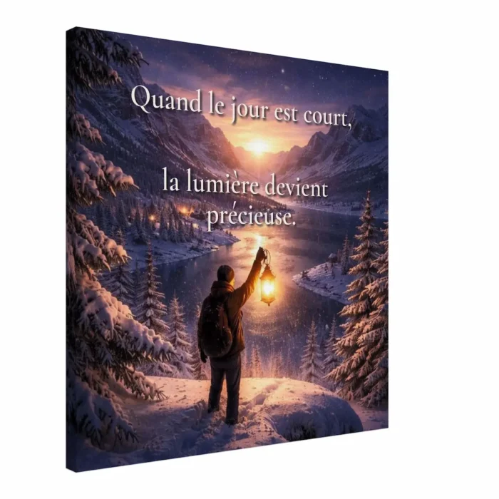 "Toile Quand le jour est court, la lumière devient précieuse vue en angle avec paysage enneigé, lanterne et lumière d’hiver"