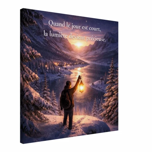 Toile murale inspirante citation Quand le jour est court la lumière devient précieuse paysage hivernal montagne et lanterne
