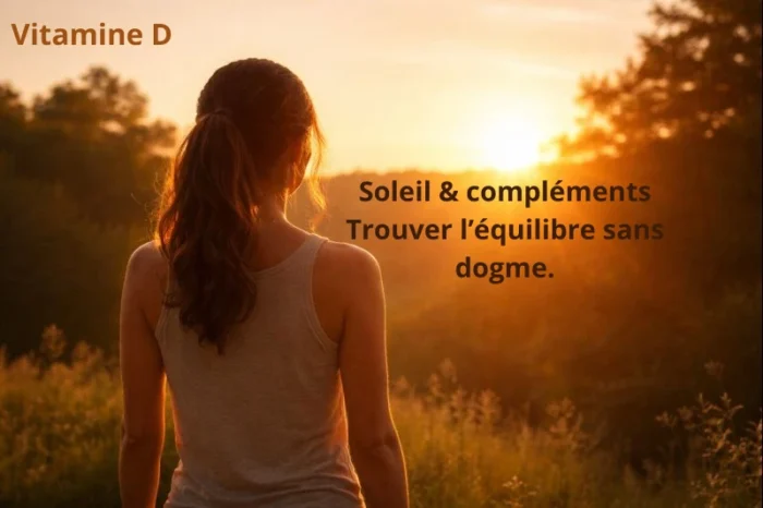 Personne de dos face au soleil couchant, illustrant l’équilibre entre exposition naturelle au soleil et vitamine D pour le bien-être