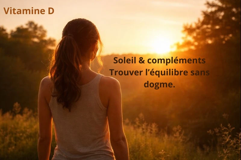 Personne de dos face au soleil couchant, illustrant l’équilibre entre exposition naturelle au soleil et vitamine D pour le bien-être