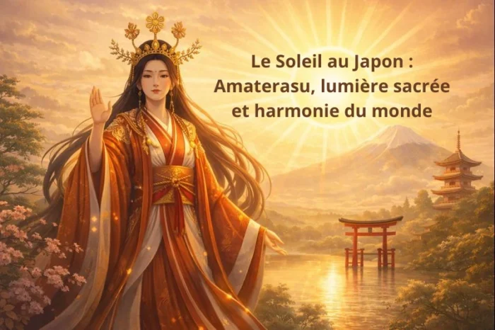 Illustration d’Amaterasu, déesse du Soleil au Japon, symbole de lumière sacrée, d’harmonie et d’équilibre du monde dans la tradition shinto
