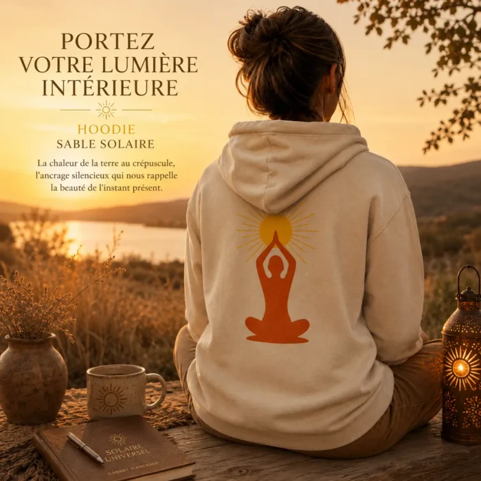 Mise en scène du hoodie Sable Solaire Solaire Universel porté au coucher du soleil dans une ambiance chaleureuse, avec symbole de méditation et soleil imprimé dans le dos.