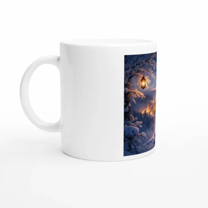 Mug en céramique blanc Solaire Universel, vue latérale gauche, mettant en valeur l’impression artistique hivernale sur fond blanc.