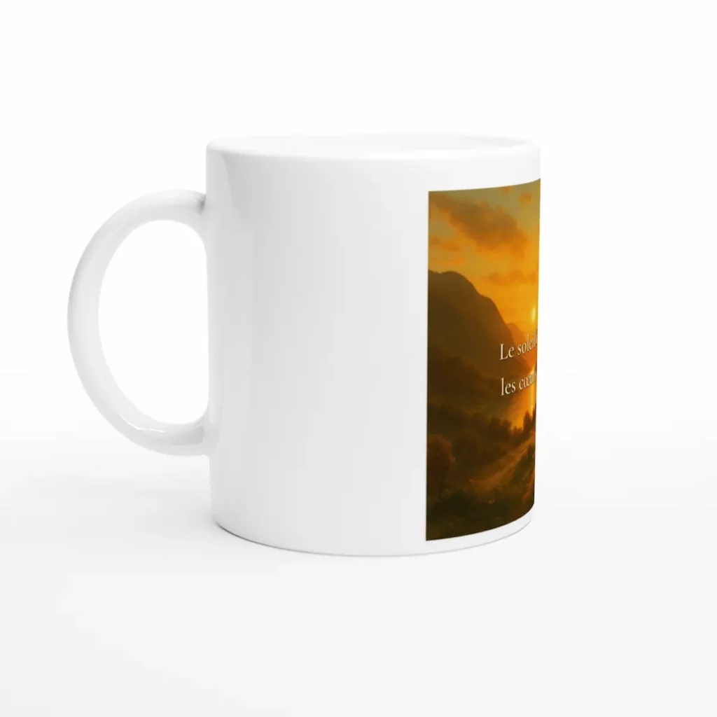 "Mug blanc avec illustration coucher de soleil nordique et citation Le soleil bas éclaire les cœurs humbles, ambiance chaleureuse et apaisante"
