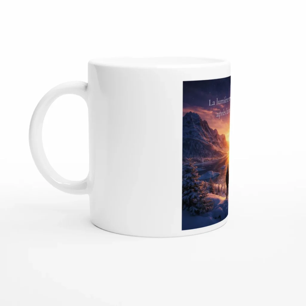 Mug en céramique blanc Solaire Universel, vue latérale gauche, mettant en valeur l’impression solaire sur fond blanc.