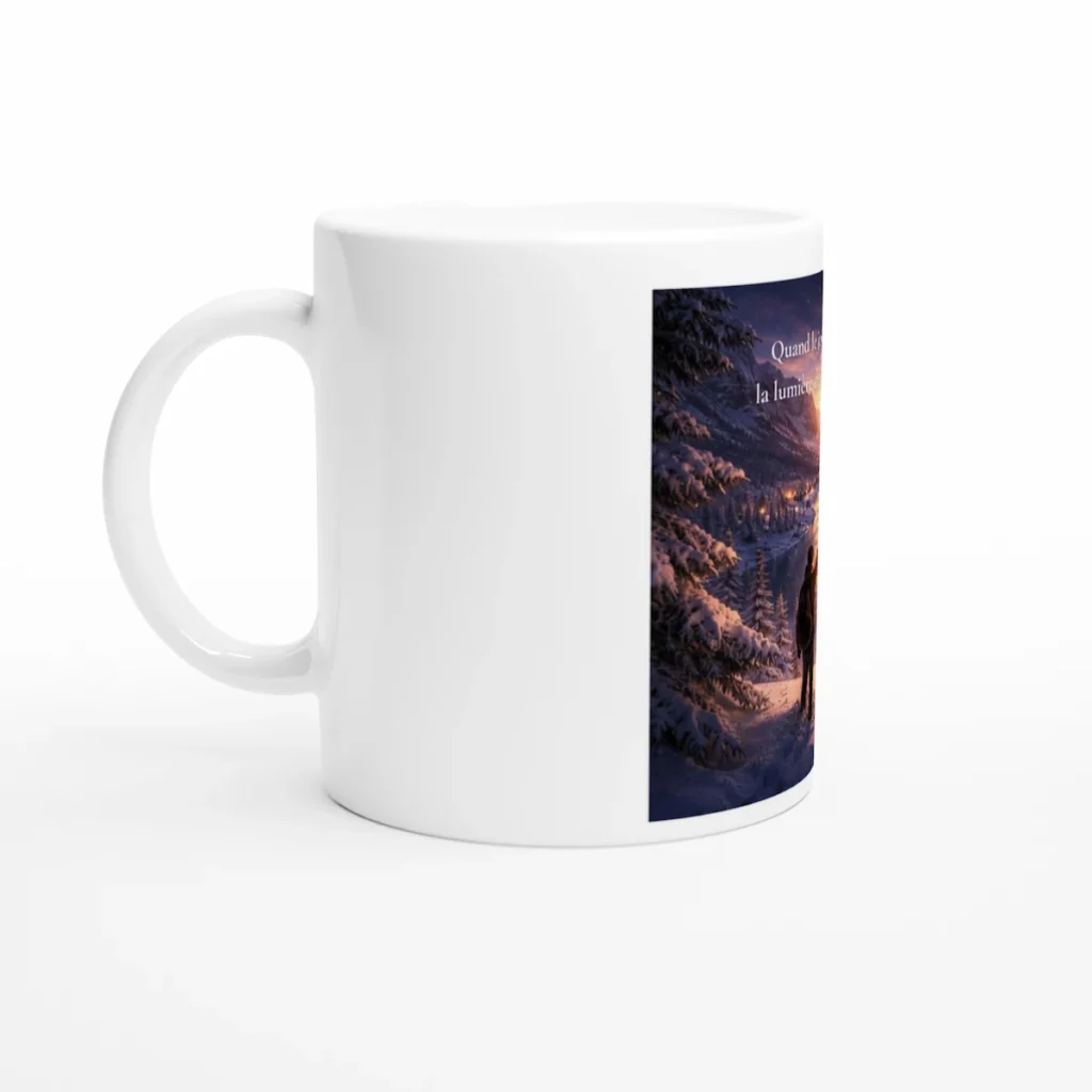 Mug en céramique blanc Solaire Universel, vue latérale gauche, montrant partiellement l’illustration hivernale lumineuse.