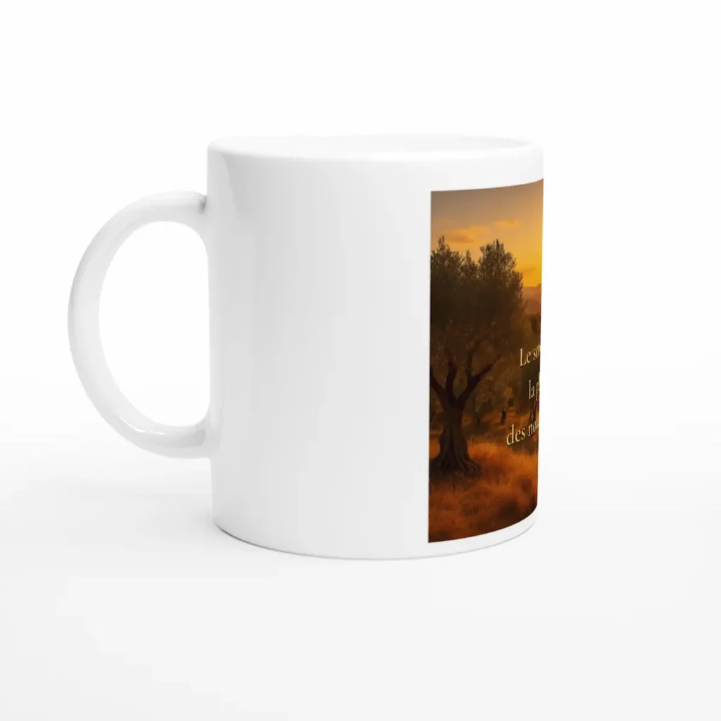 Mug Le soleil est la plus douce des nourritures vue latérale gauche avec oliviers et lumière dorée