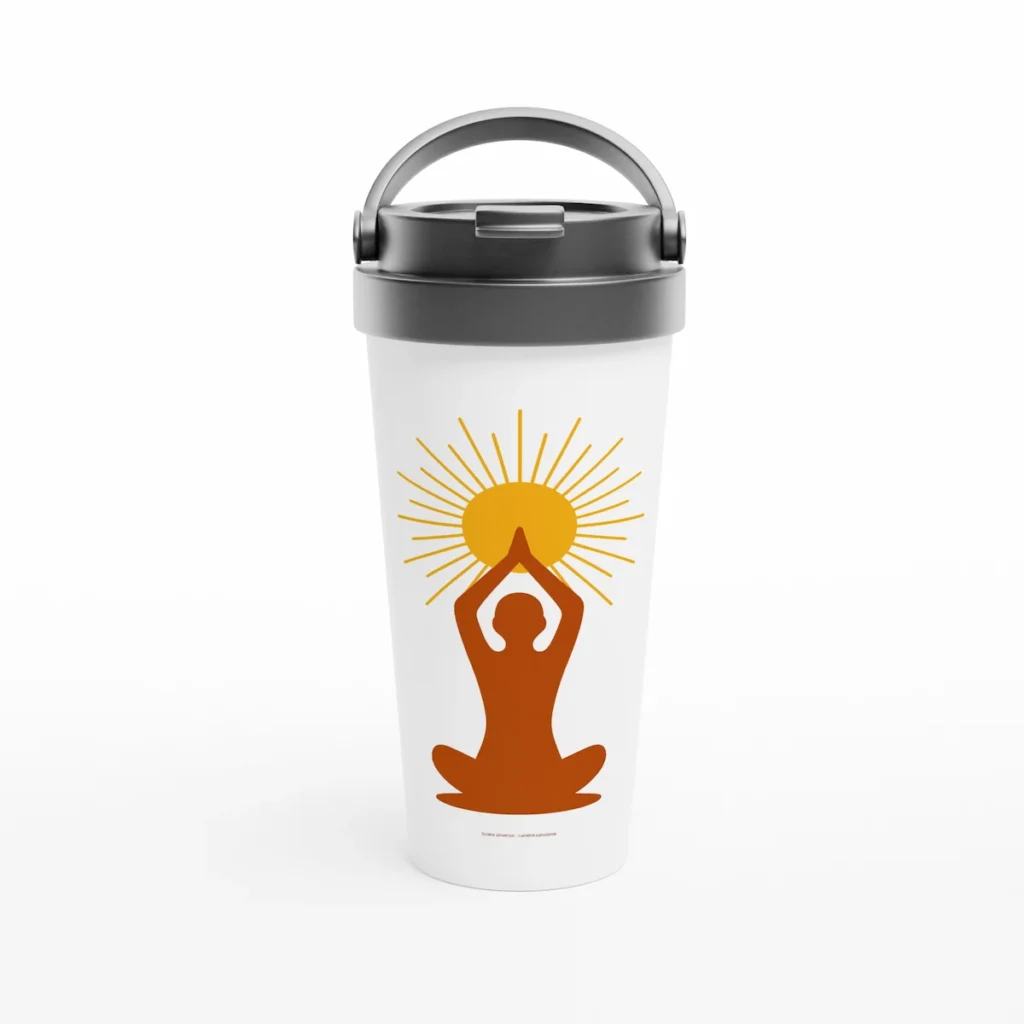 alt="Mug de voyage en acier inoxydable avec symbole de lumière intérieure et conscience – design solaire zen Solaire Universel"