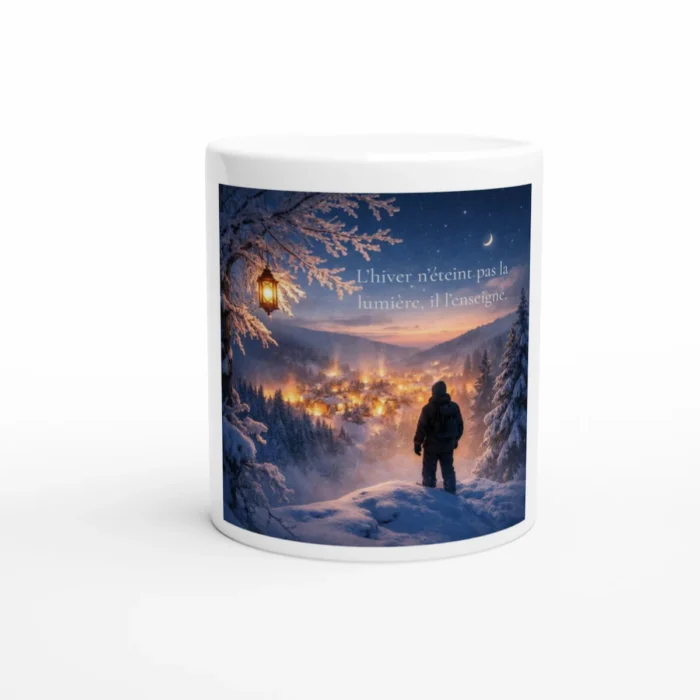 Mug en céramique blanc avec illustration hivernale lumineuse et la citation « L’hiver n’éteint pas la lumière, il l’enseigne », sagesse inspirante Solaire Universel.