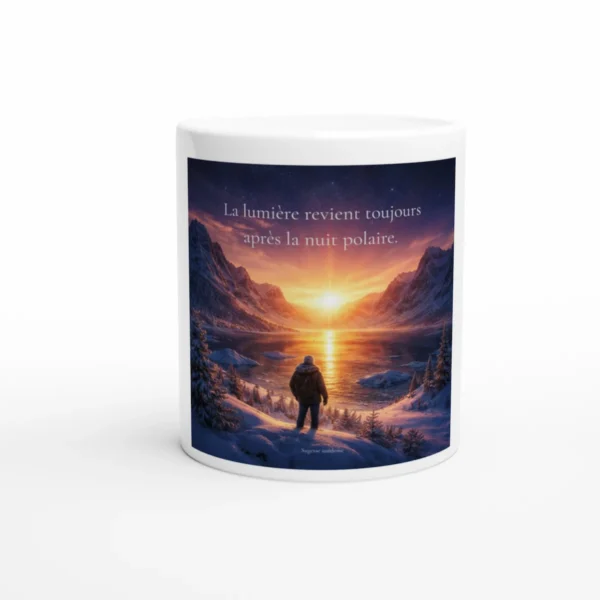 Mug en céramique blanc avec illustration solaire représentant un paysage hivernal et la citation « La lumière revient toujours après la nuit polaire