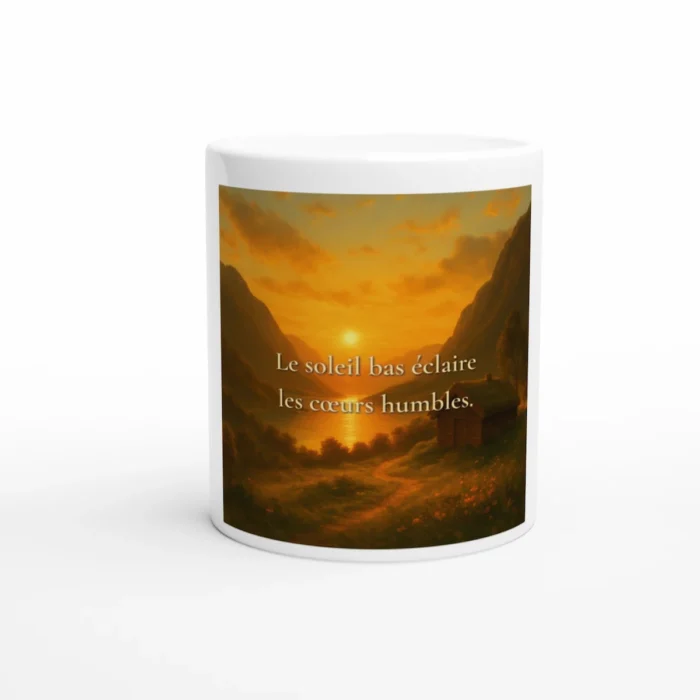 "Mug citation Le soleil bas éclaire les cœurs humbles avec paysage norvégien doré, lac entre montagnes et lumière chaude du coucher de soleil"