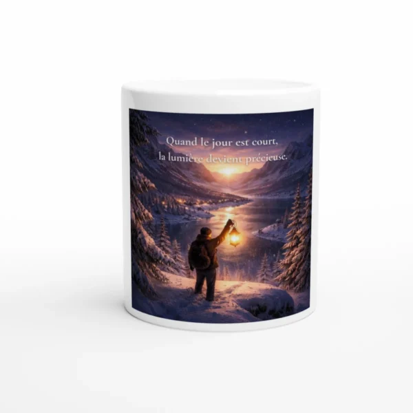 Mug en céramique blanc avec illustration hivernale lumineuse représentant un paysage enneigé et la citation « Quand le jour est court, la lumière devient précieuse ».