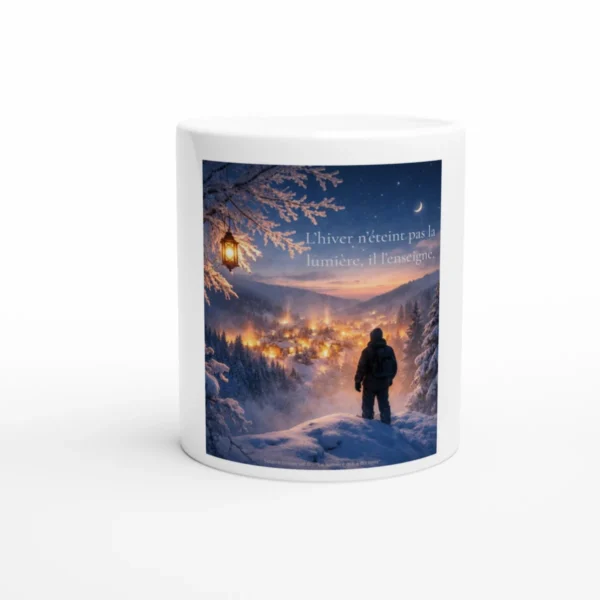Mug en céramique blanc avec illustration hivernale lumineuse et la citation « L’hiver n’éteint pas la lumière, il l’enseigne », sagesse inspirante Solaire Universel.