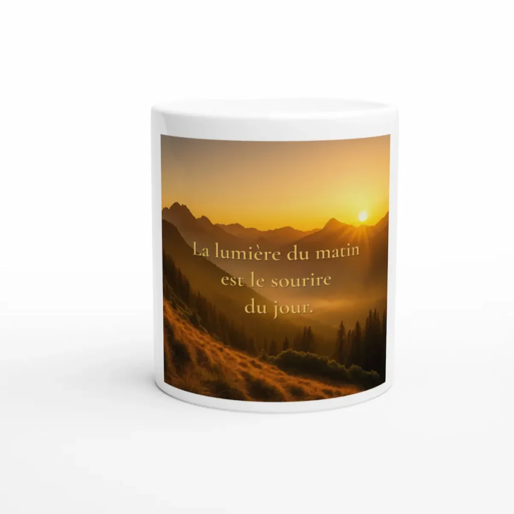 Mug blanc La lumière du matin est le sourire du jour avec paysage de montagne au lever du soleil