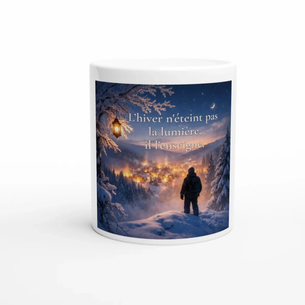 Mug L’hiver n’éteint pas la lumière, il l’enseigne vue de face avec paysage enneigé, lanterne et village illuminé