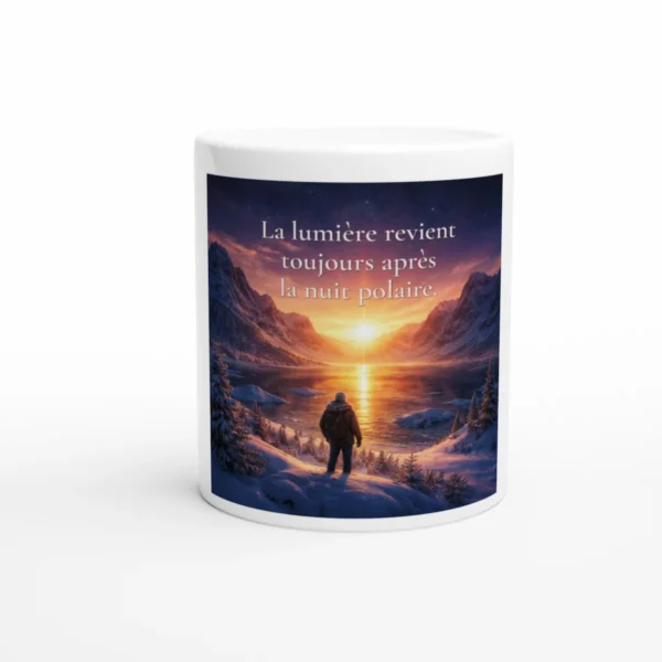 Mug La lumière revient toujours après la nuit polaire vue de face avec paysage enneigé, lac gelé et lever de lumière