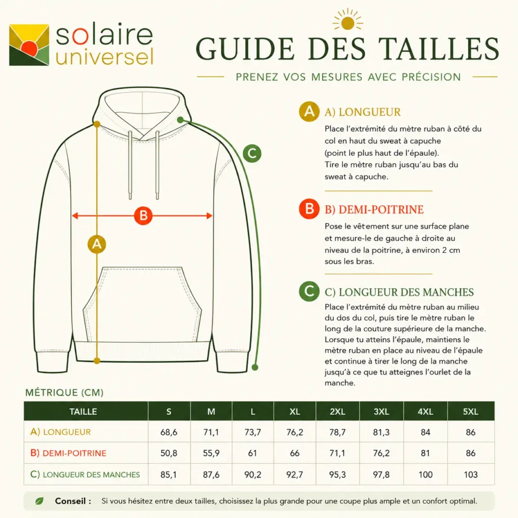 Guide des tailles du hoodie Solaire Universel avec schéma des mesures : longueur, demi-poitrine et longueur des manches.