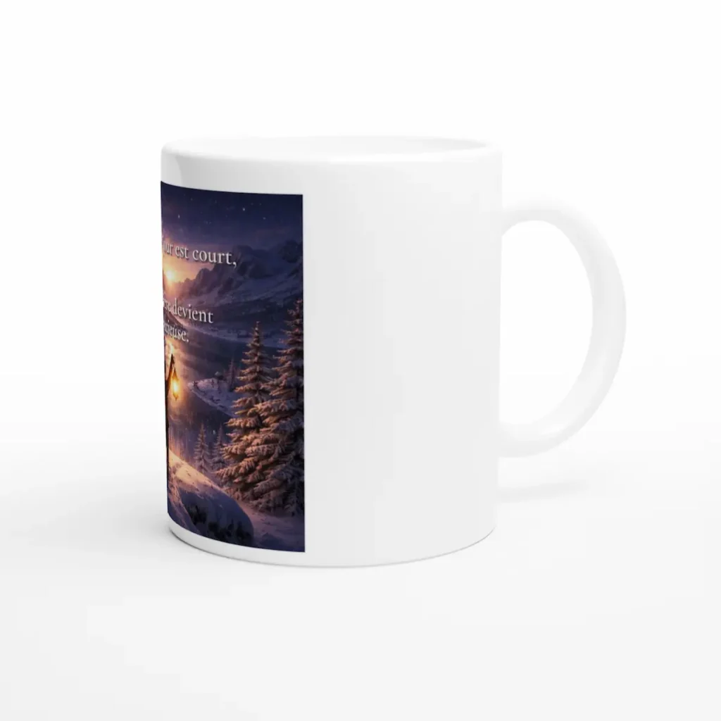 "Mug Quand le jour est court, la lumière devient précieuse vue latérale droite avec paysage hivernal et lanterne lumineuse"