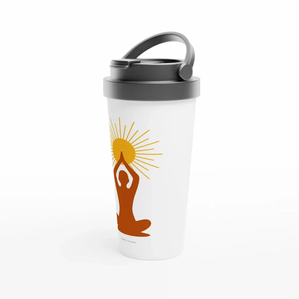 Vue latérale du mug de voyage Solaire Universel avec symbole méditatif de lumière intérieure