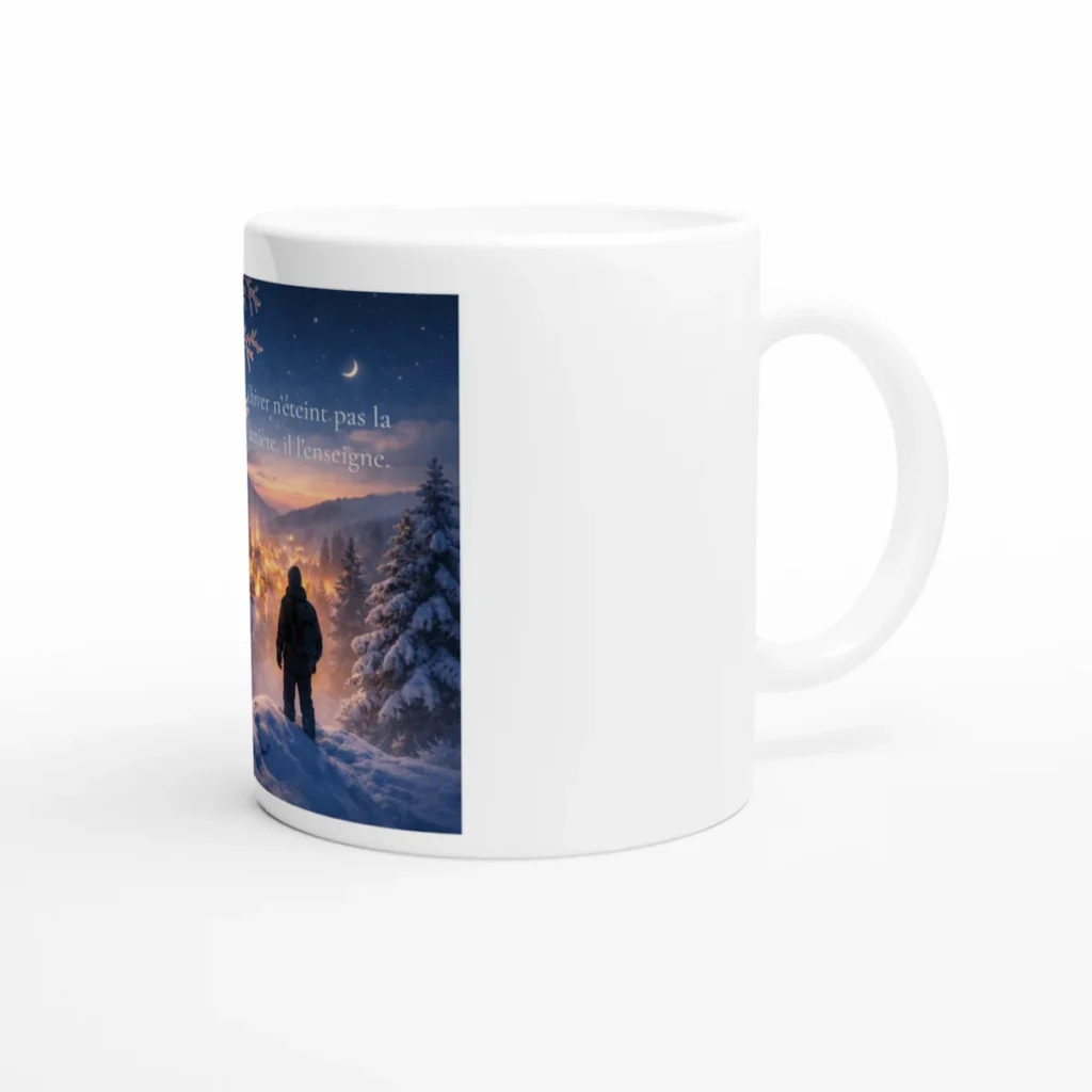 Mug en céramique blanc Solaire Universel, vue latérale droite, montrant partiellement l’illustration hivernale lumineuse.