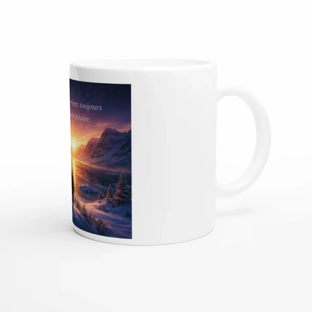 Mug en céramique blanc Solaire Universel, vue latérale droite, avec impression artistique solaire partielle.