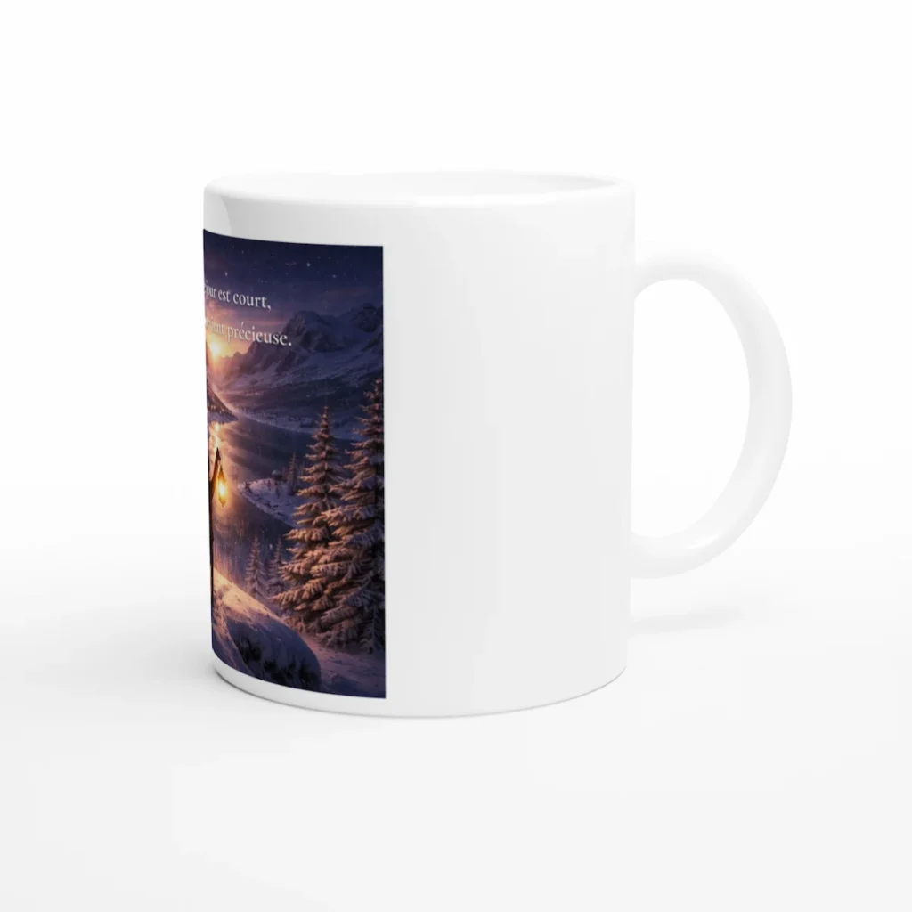 Mug en céramique blanc Solaire Universel, vue latérale droite, montrant partiellement l’illustration hivernale lumineuse.