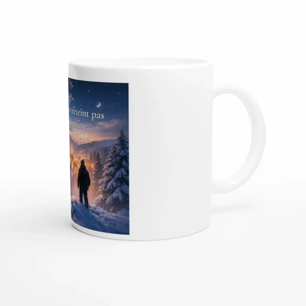 Mug L’hiver n’éteint pas la lumière, il l’enseigne vue latérale droite avec paysage d’hiver et lumières chaleureuses