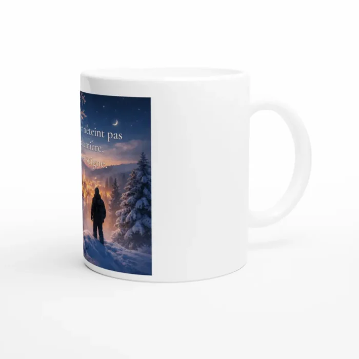 Mug L’hiver n’éteint pas la lumière, il l’enseigne vue latérale droite avec paysage d’hiver et lumières chaleureuses