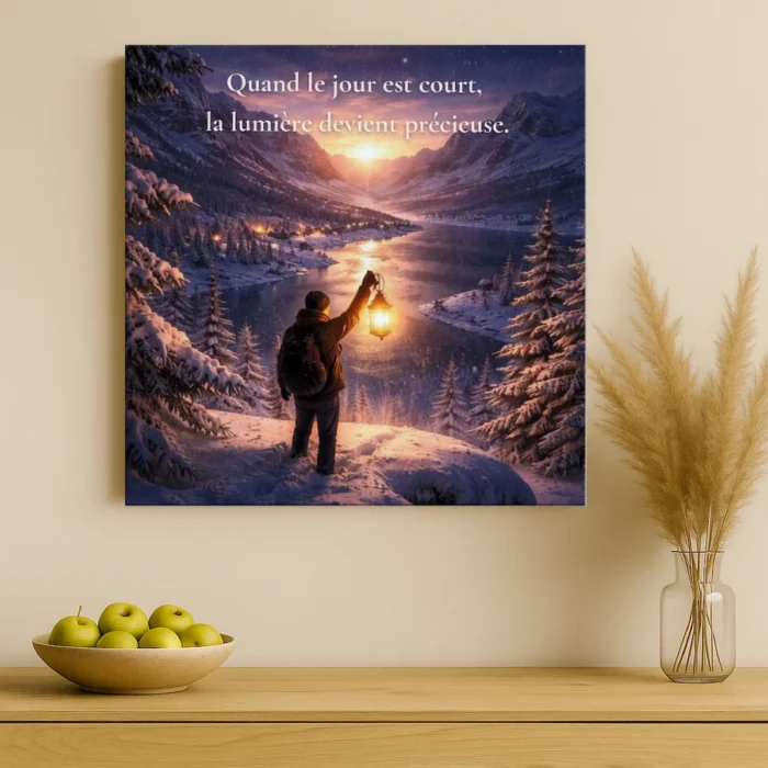 Toile murale paysage hivernal avec citation Quand le jour est court la lumière devient précieuse décoration murale esprit zen et lumineux
