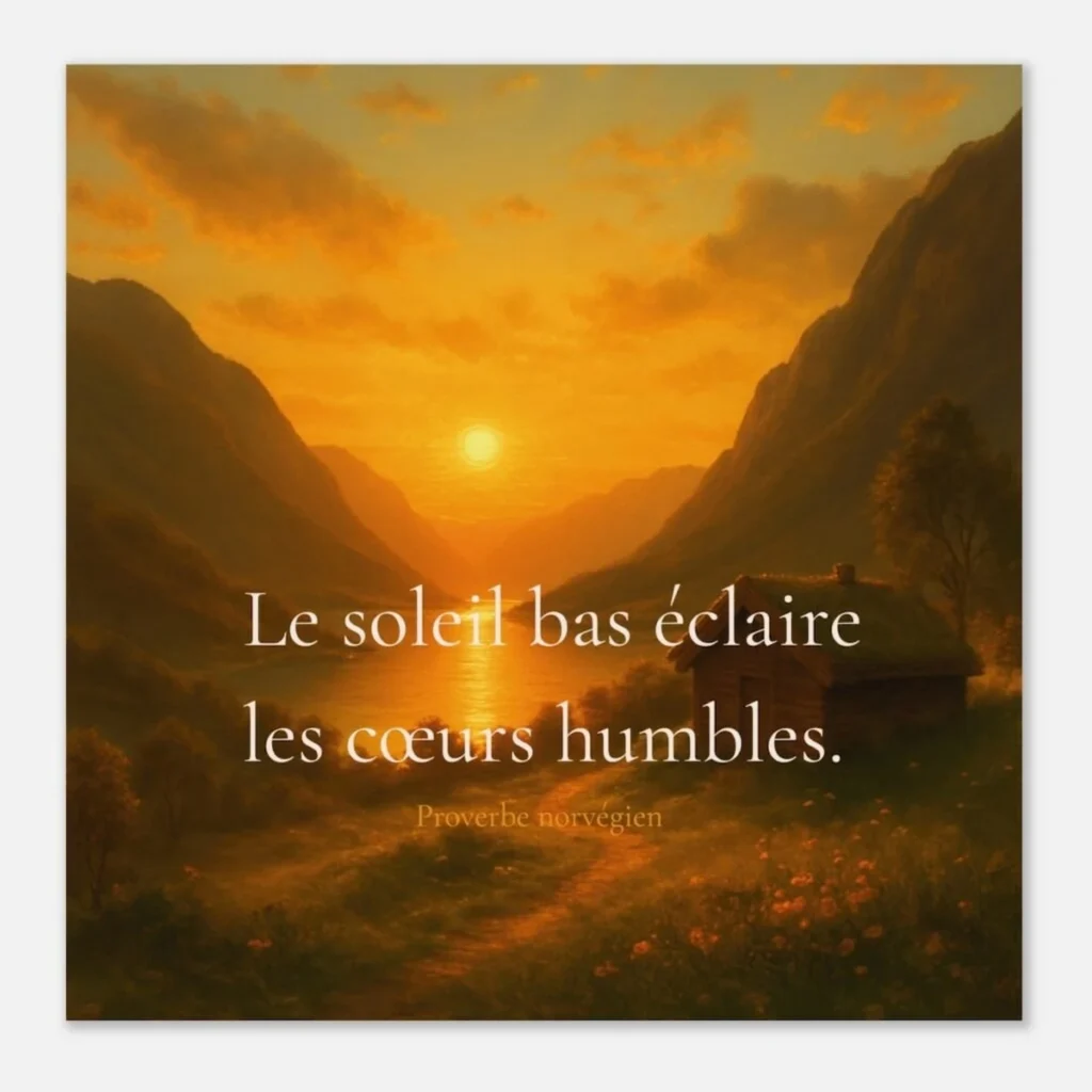Toile murale Solaire Universel représentant un paysage lumineux au soleil bas, accompagnée de la citation « Le soleil bas éclaire les cœurs humbles » – Proverbe norvégien