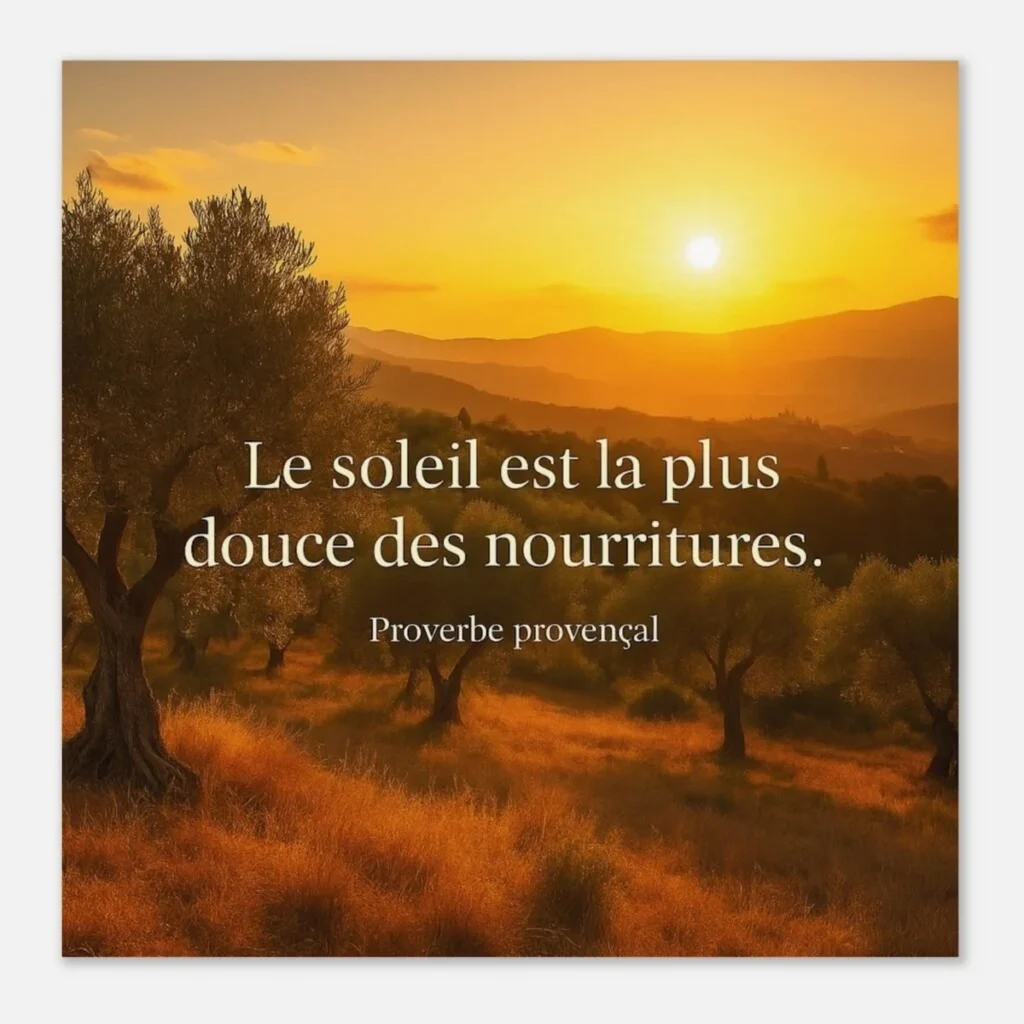 Affiche papier mat qualité muséale Le soleil est la plus douce des nourritures, proverbe provençal, paysage solaire aux tons dorés