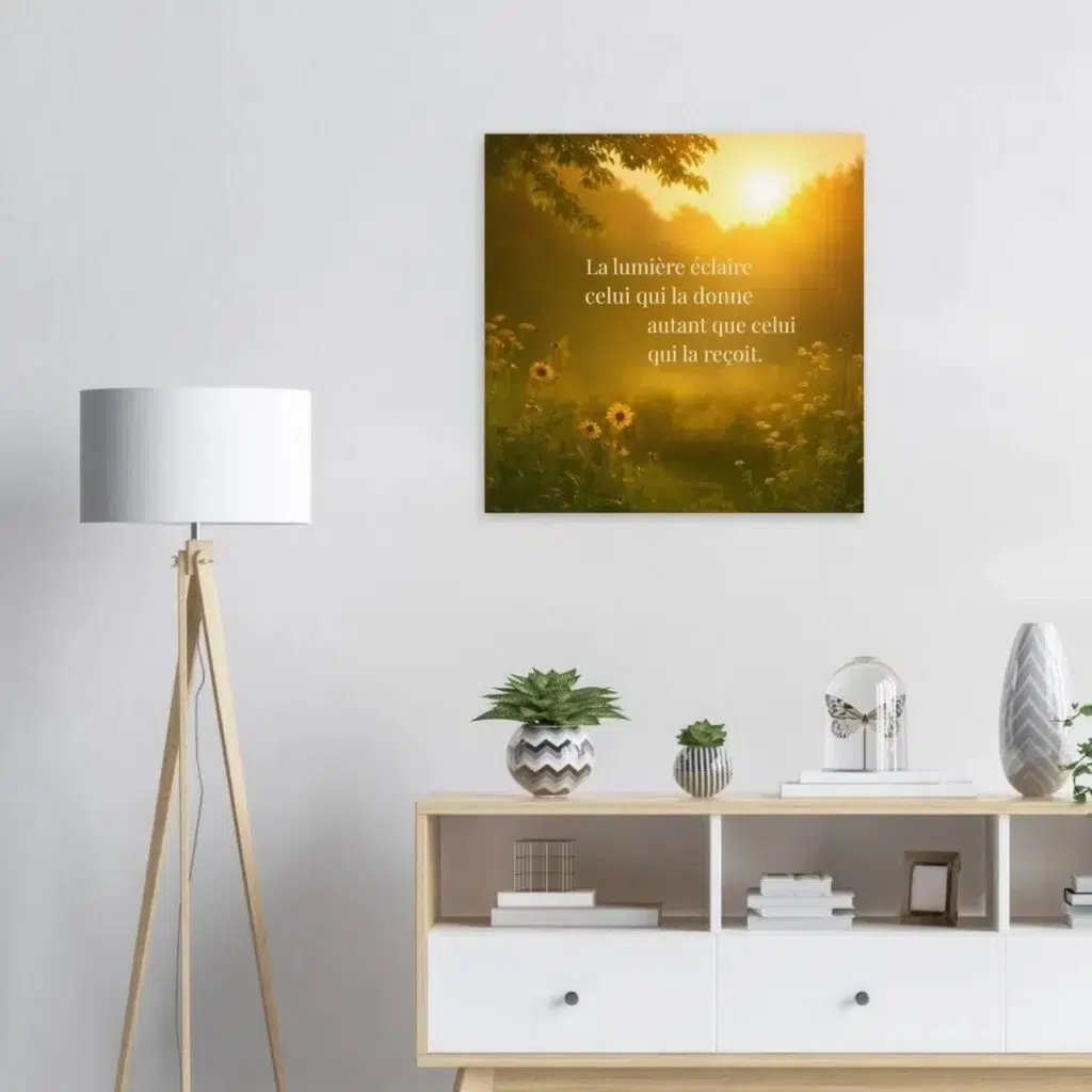 Affiche citation solaire « La lumière éclaire celui qui la donne autant que celui qui la reçoit » – paysage doré au coucher du soleil, exposer dans un salon ambiance chaleureuse et naturelle