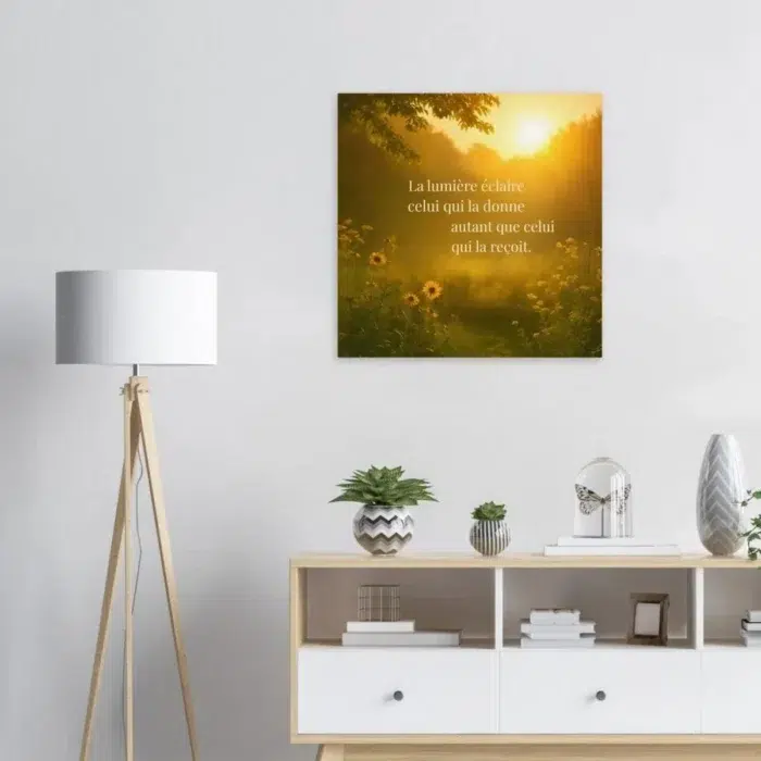 Affiche citation solaire « La lumière éclaire celui qui la donne autant que celui qui la reçoit » – paysage doré au coucher du soleil, exposer dans un salon ambiance chaleureuse et naturelle