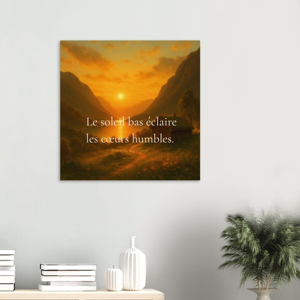 Toile murale inspirante Solaire Universel accrochée dans un intérieur épuré, représentant un paysage doré au coucher du soleil avec la citation « Le soleil bas éclaire les cœurs humbles »