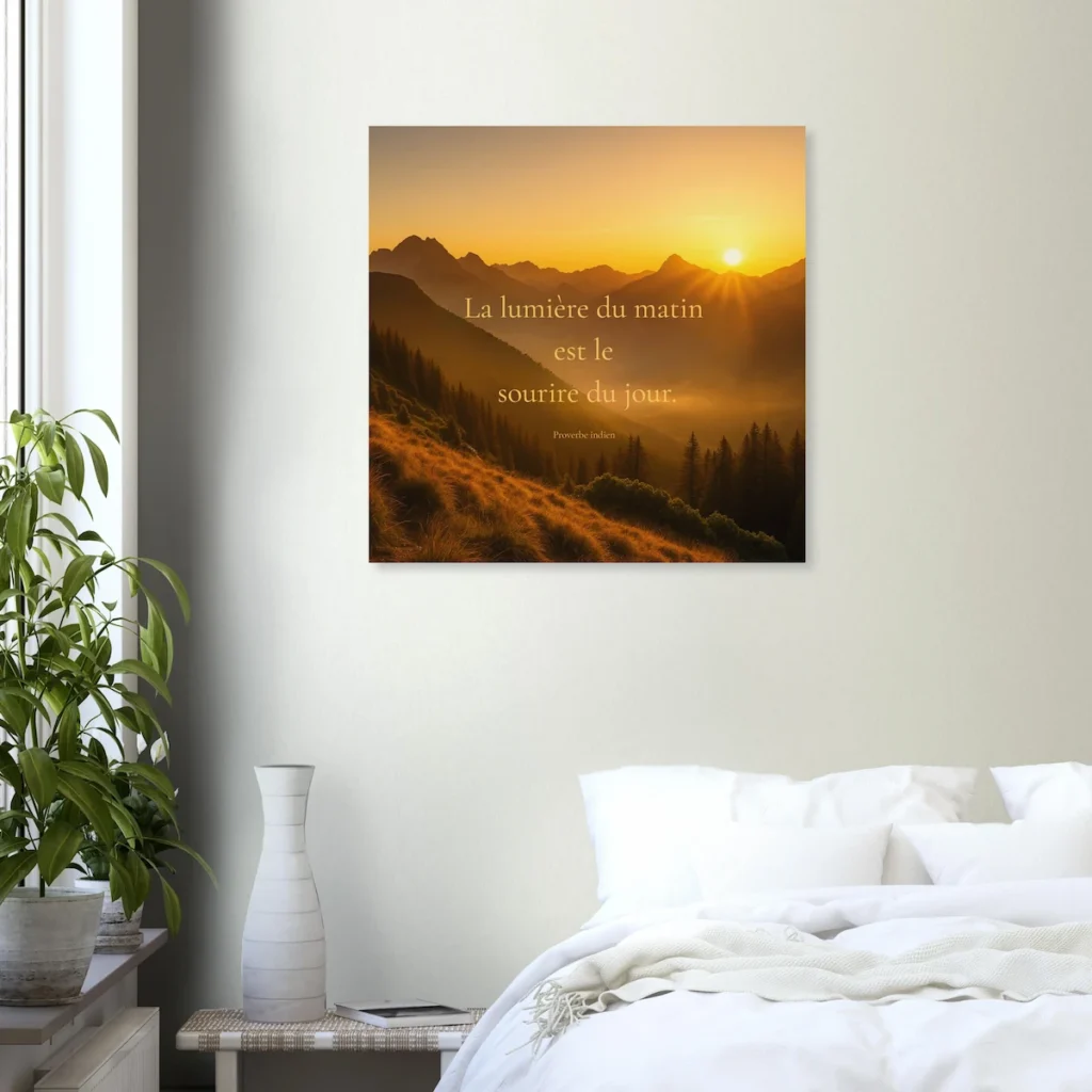 Affiche citation solaire Le soleil est la plus douce des nourritures dans une chambre lumineuse, décoration murale inspirée de la Provence